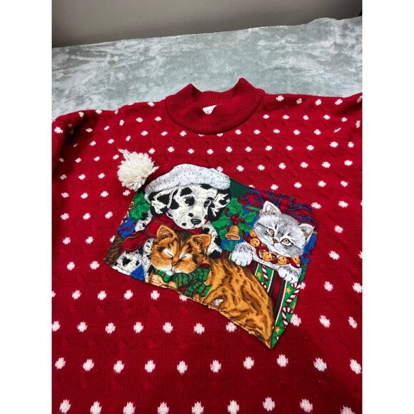 Christmas Vintage Venezia Sweater Women 2X Red Polka Dot Puppy Graphic Novelty - Picture 5 of 9